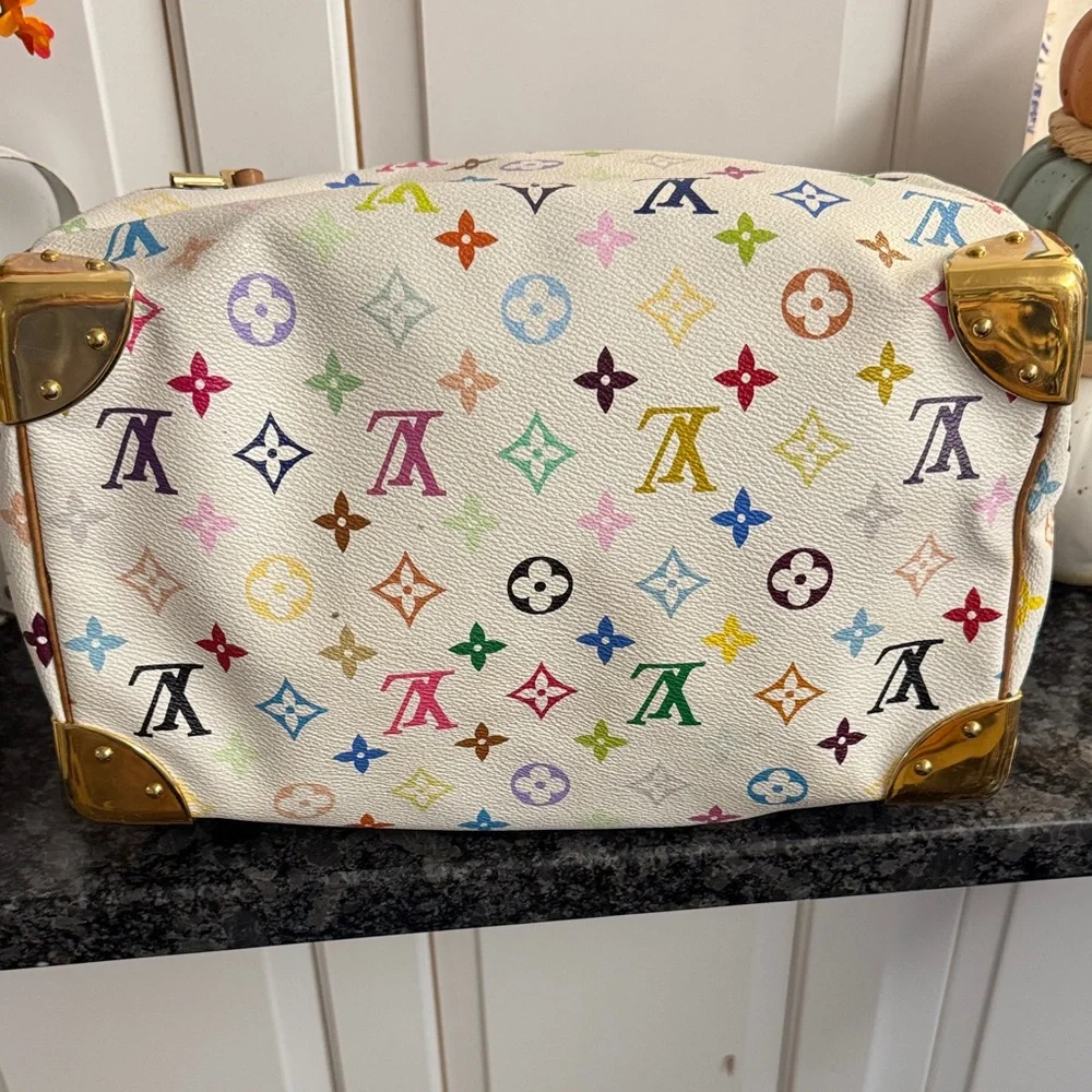 Louis Vuitton White Multicolor Monogram Satchel with Tan Leather Trim
